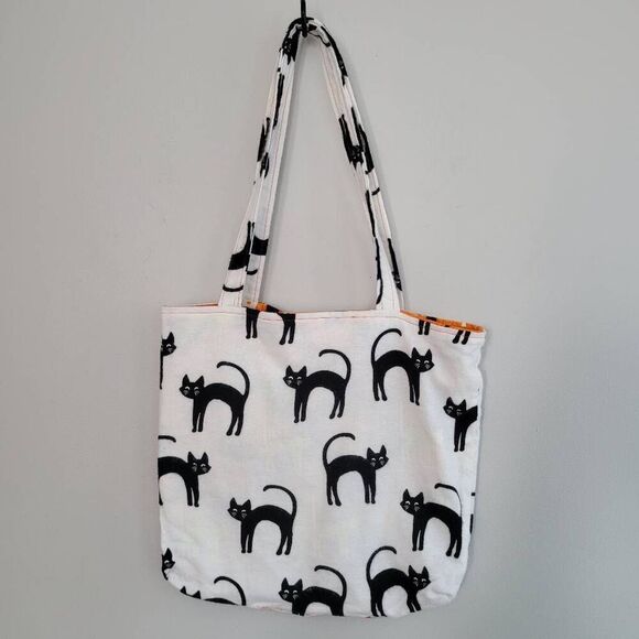 Halloween reversible felt tote pumpkin black cat print glow in the dark spooky h - Picture 3 of 8